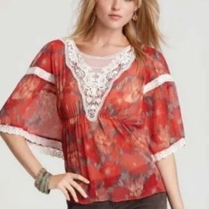 Free People Daydreamer Chiffon Lace Red Top